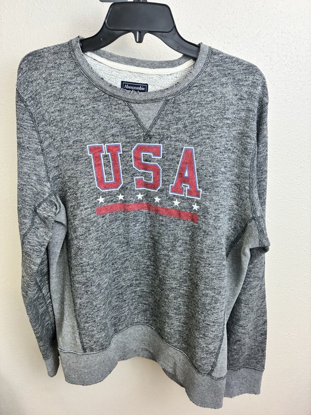 Abercrombie & Fitch Sweatshirt Mens M USA Graphic Crewneck Fleece Distressed Hem